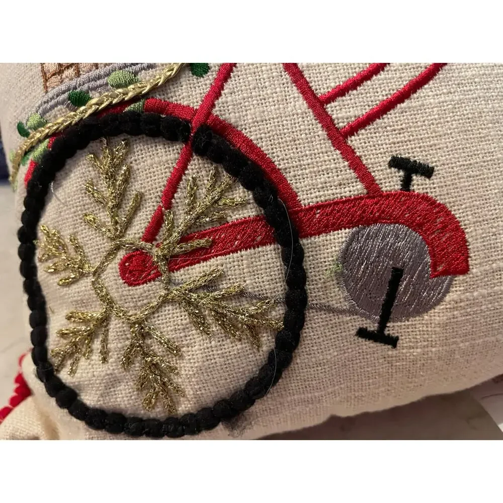 Christmas Throw Pillow With Bicycle & Poinsettia Plant & Tree Embroidered 12x12